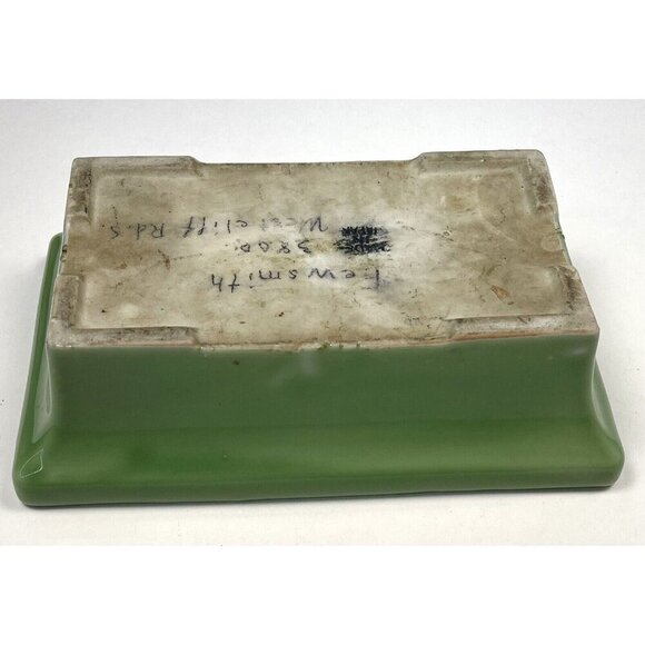 VTG 9.5" x 6"x 3" Green Glazed Terra Cotta Planter Pot w/ Flower Frog Kenzan - Picture 5 of 7